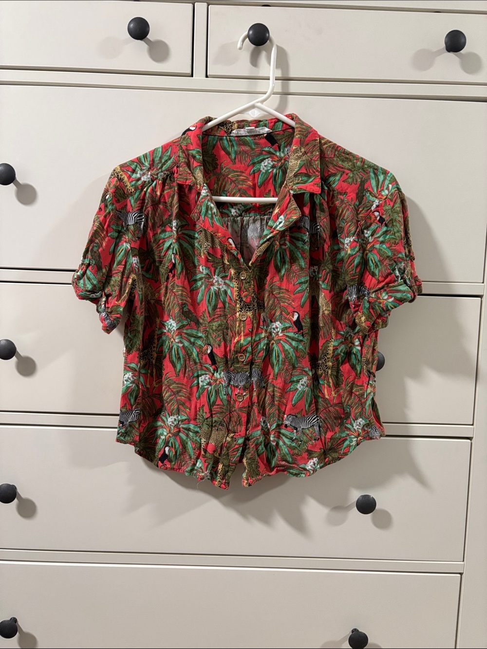 Women's Red Tropical Button-Front Short Sleeve Top